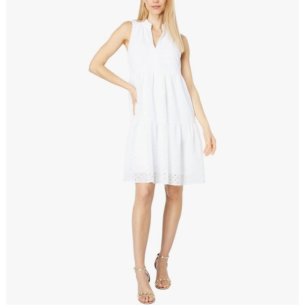 Lilly Pulitzer White Eyelet Tiered Babydoll Dress Sleeveless Ruffle Neck Sz XXS